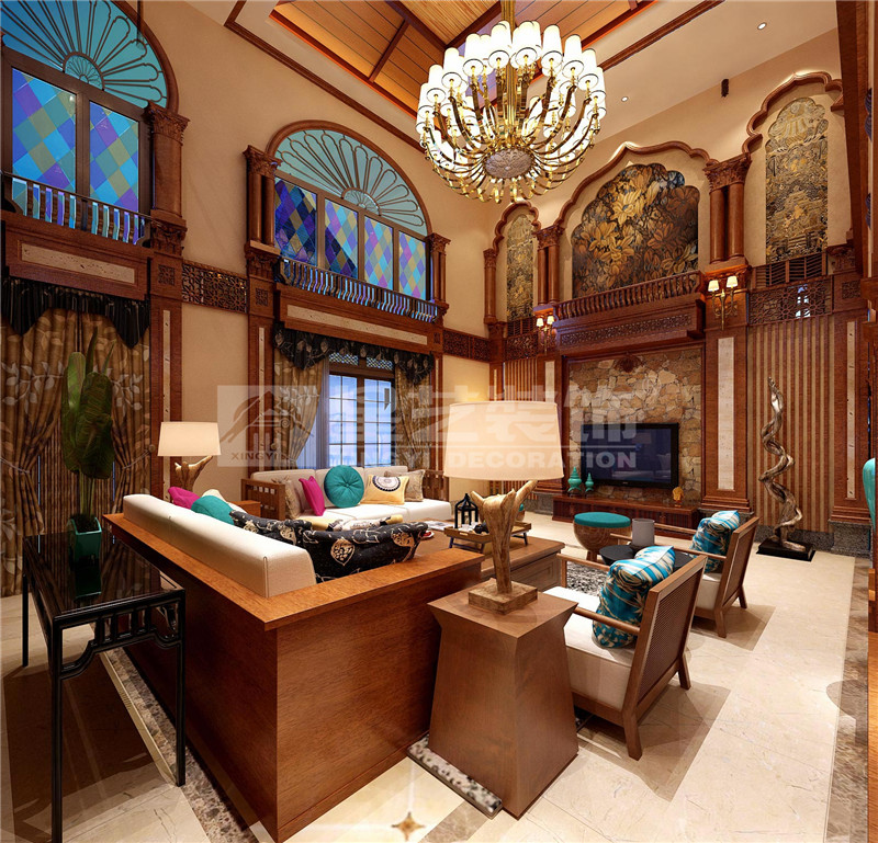 鳳景灣350平東南亞客廳裝修設(shè)計效果圖