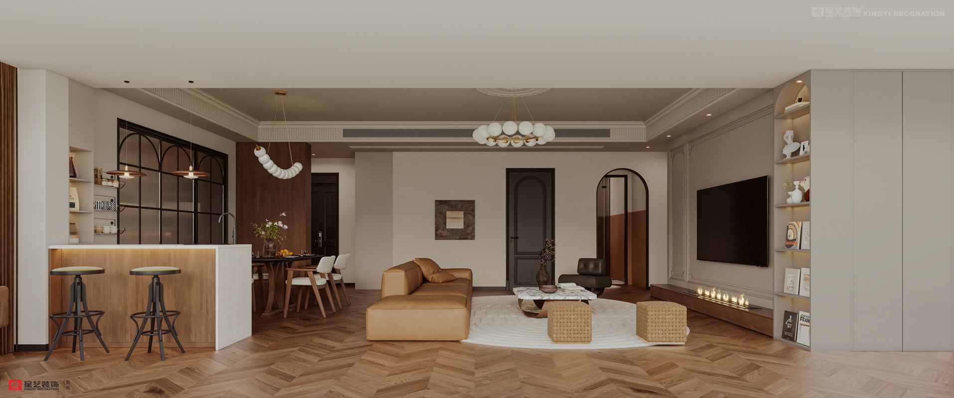 西園潤府160平中古風(fēng)客廳裝修效果圖