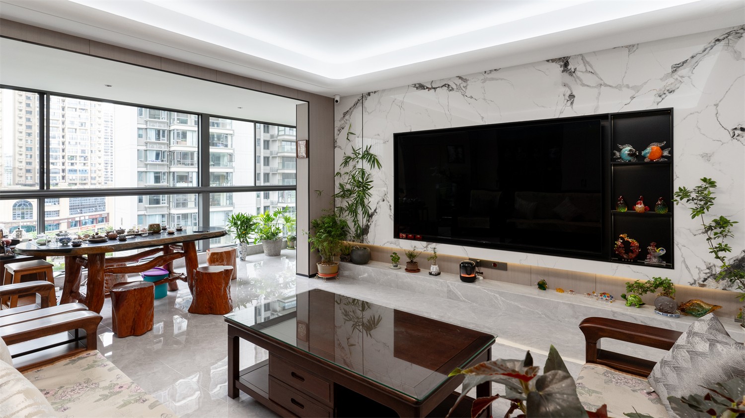 建發(fā)縵云210平新中式客廳裝修完工實景圖